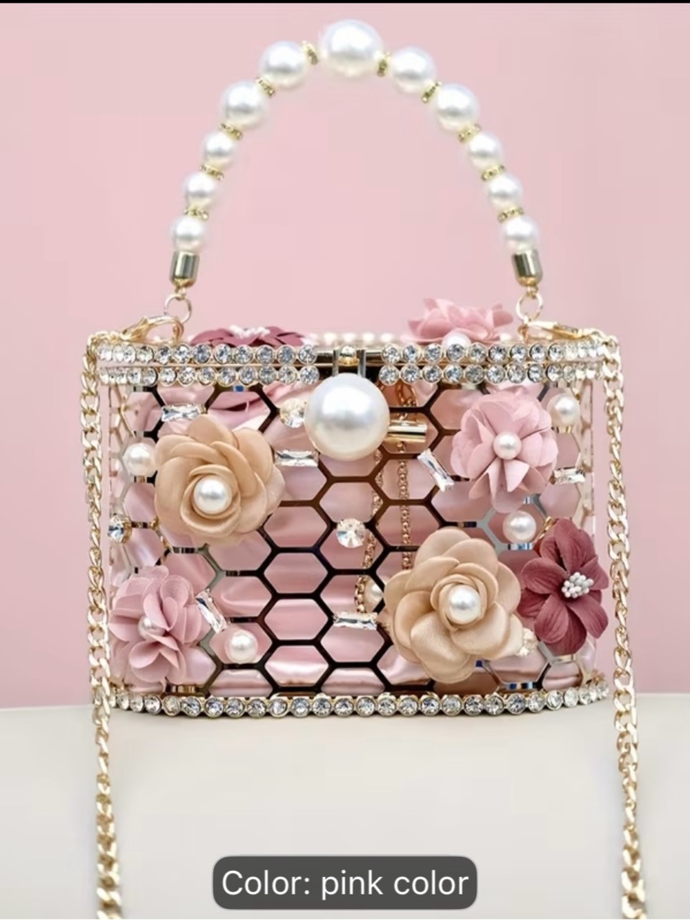 Pink Floral Pearl Accent Women’s Handbag